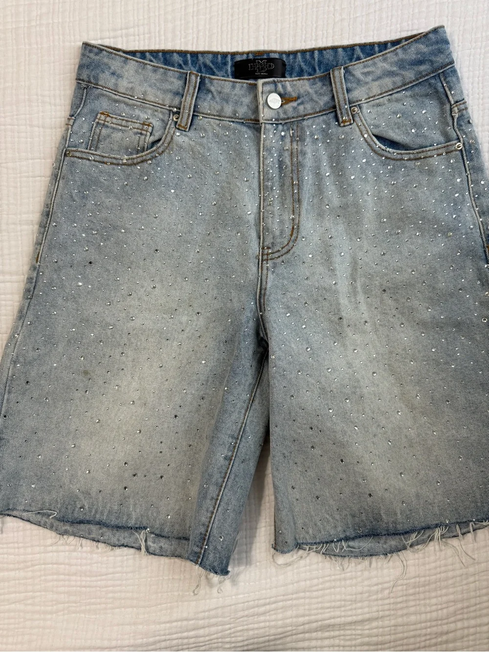 Light Blue Rhinestone-Studded Men's Denim Shorts